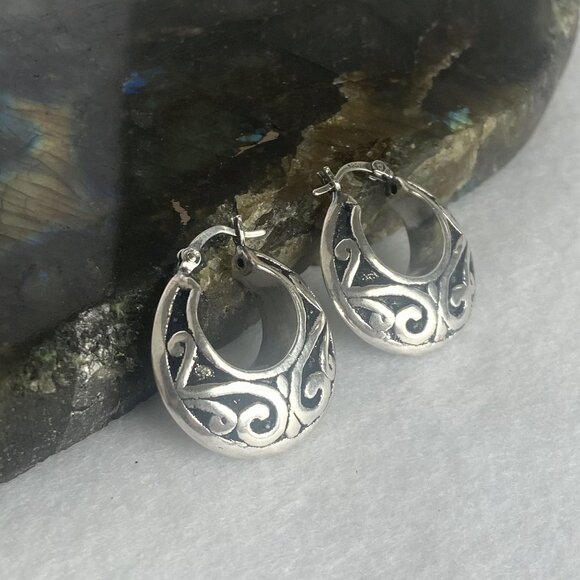 Sterling Silver 925 1" Scrollwork Bali Style Chunky Hoop Earrings Hinged Post - Picture 11 of 16